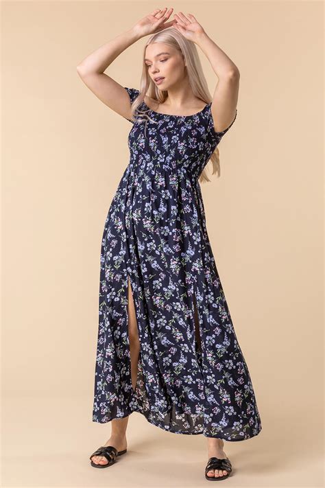 Shirred Ditsy Floral Print Bardot Dress In Mnght Blue Roman Originals Uk