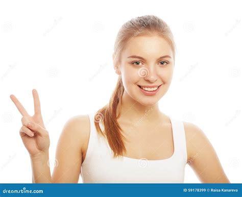 Portrait Of Happy Young Woman Giving Peace Sign Stock Image Image Of
