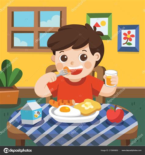 Little Boy Happy Eat Breakfast Morning Stock Vector Image by ©yatate10