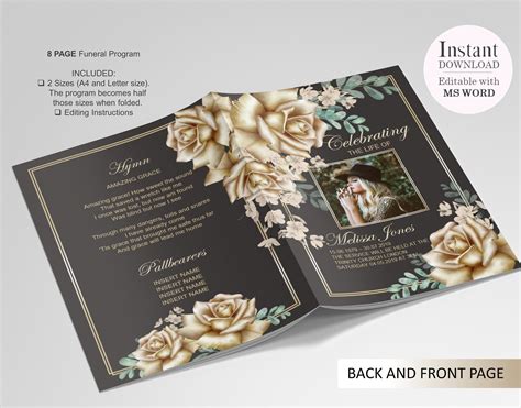 8 Page Gold Rose Funeral Program Template Celebration Of Etsy