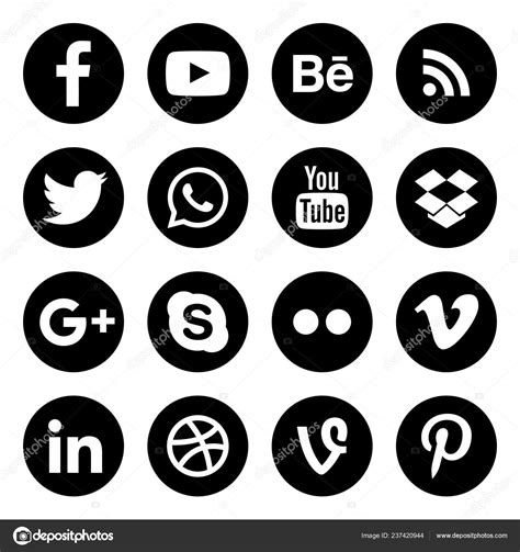 Social Media Icons Set Isolated Black White Buttons Collection Stock