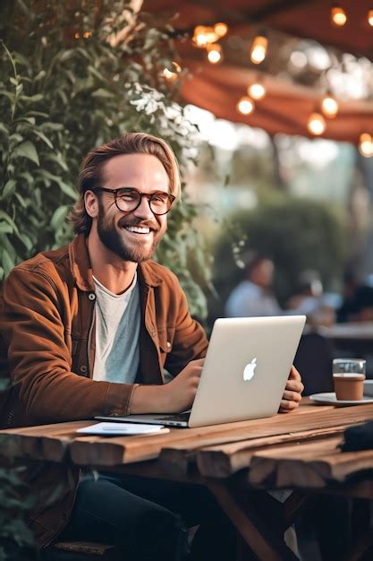 Premium Ai Image A Man Sits At A Table With A Laptop In Front Of Him