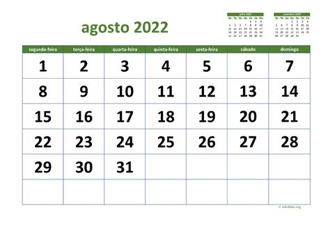 Calendário Agosto 2022