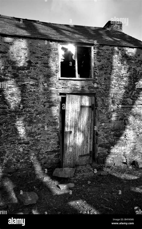 Old Eerie Welsh Barn With Shadow Of Tree In Black And White Stock Photo