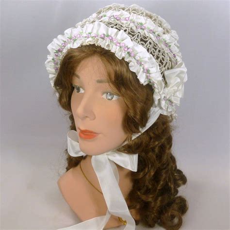 Reproduction White 1800s Victorian Bonnet Hat Taffeta Ribbon Flower