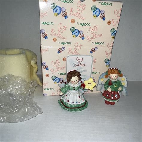 2 Vintage Enesco Angel With Button Figurines 623709 Cute As A Button In