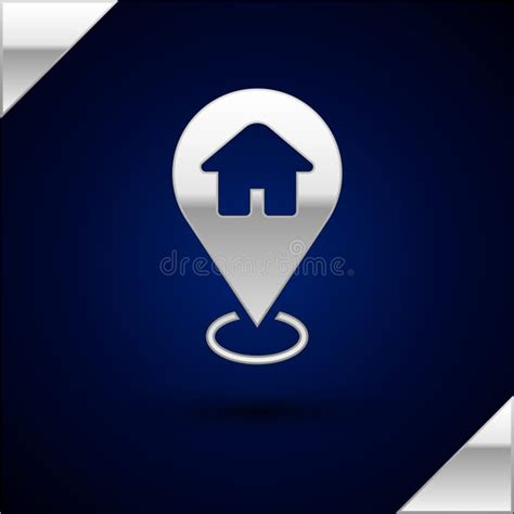Silver Map Pointer With House Icon Isolated On Dark Blue Background