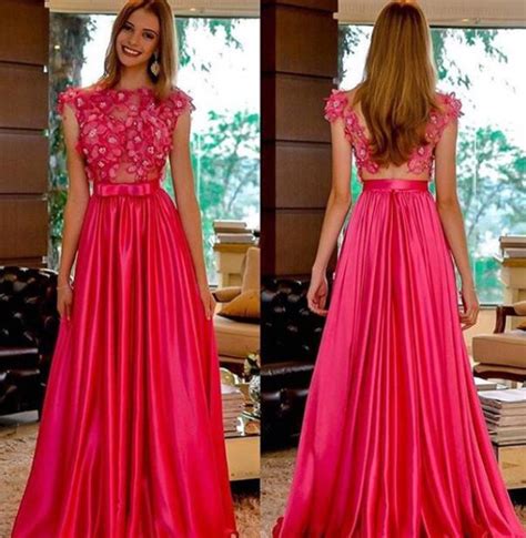 New Long Pink Prom Dresses Flowers And Beads Bodice A Line Party