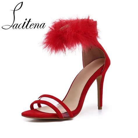 Women Red Pink Color Feather Sandals Elegant High Heel Sandals Women