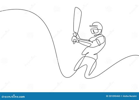Single Continuous Line Drawing Of Young Agile Man Cricket Player Swing