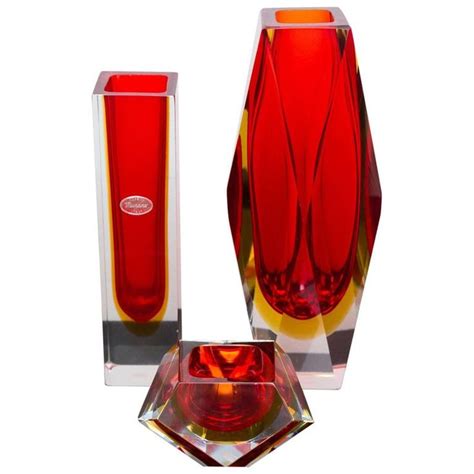 Set Of Three Red Color Murano Glass Vases Prod Sommerso Italy Circa 1960 Murano Glass Vase