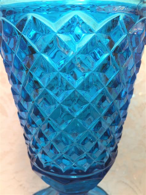 Turquoise Blue Glass Vase Pressed Glass Diamond Pattern 8 Etsy