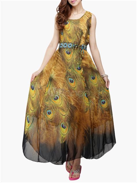 Sleeveless Premium Chiffon Peacock Maxi Dress