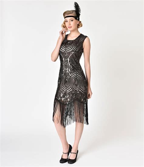 Pale Pink And Black Sequin Alberta Fringe Flapper Dress 1920s Fashion