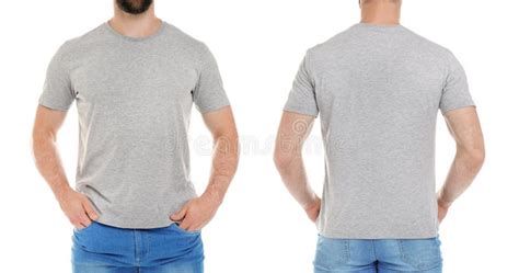 Front And Back Views Of Young Man In Grey T Shirt Stock Photo Image