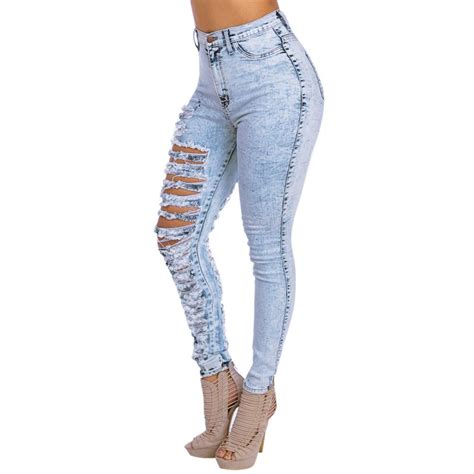 Frauen Sexy Zerrissenen Jeans Große Löcher Slim Bleistift Solid Demin Hosen Gewaschen Günstig