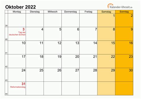 Oktober 2022 Kalender Mit Feiertagen