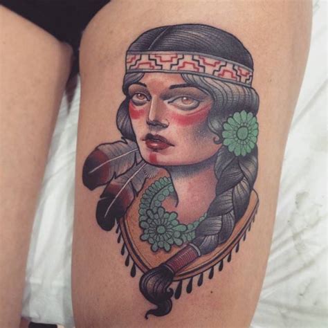 Neotraditional Style Native American Woman Tattoo On