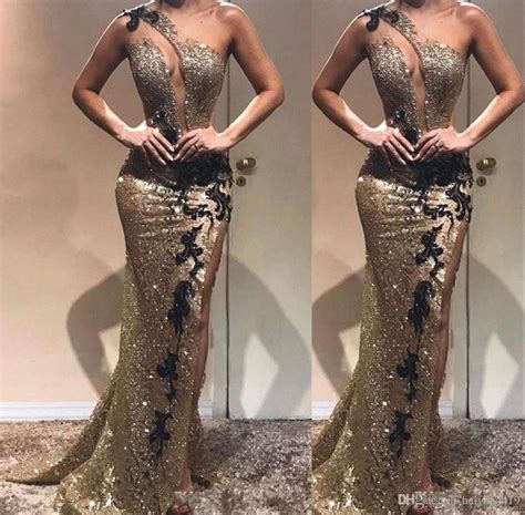 Sexy Stunning Gold Sequined Black Lace Mermaid Prom Dresses One
