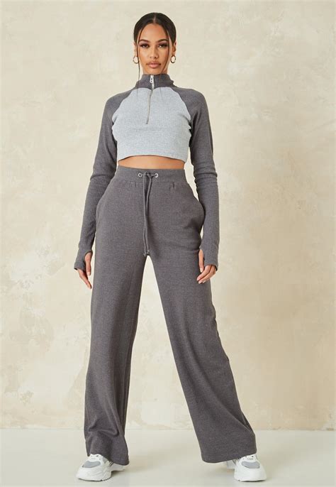 Tall Gray Co Ord Rib Wide Leg Pants Missguided