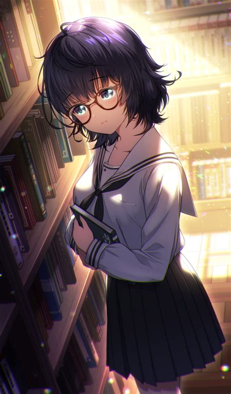 Safebooru 1girl Black Hair Black Skirt Blue Eyes Book Bookshelf