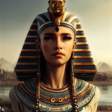 An Egyptian Woman Wearing Jewelry And Headdress In Front Of A Body Of Water