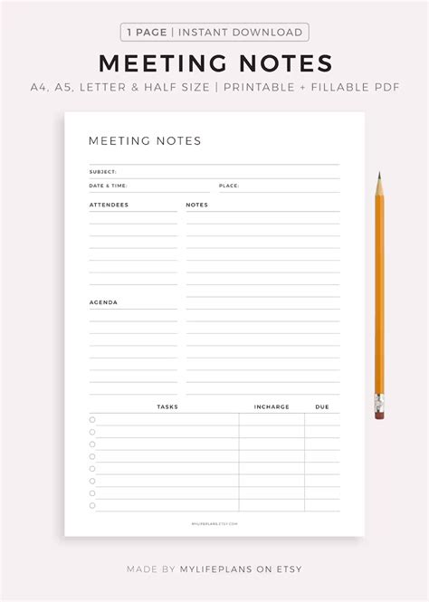 Meeting Notes Template Printable Meeting Minutes Meeting Etsy In 2023