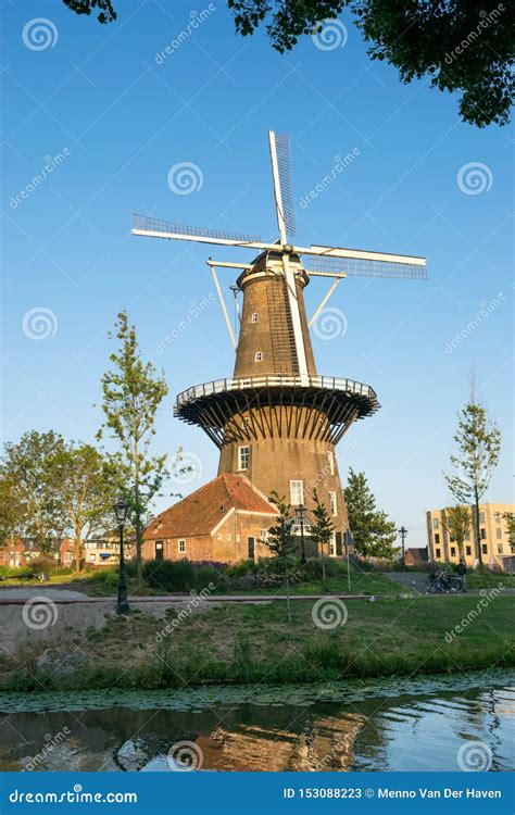 Famous Classic Windmill `de Valk` In The Centre Of The Historic City Of Leiden Holland Stock