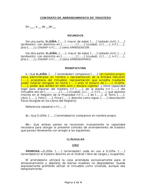 Contrato De Arrendamiento De Trastero Alquiler Pagos Prueba