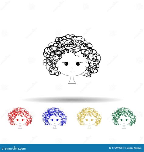 Cute Girl With Curly Hair Style Multi Color Icon Simple Thin Line