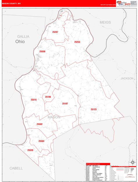 Mason County Wv Zip Code Wall Map Red Line Style By Marketmaps Mapsales