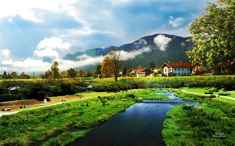 1920x1080px 1080p Free Download Houses Near Foggy Mountains Green