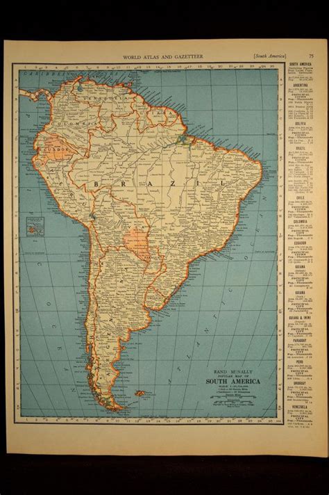 South America Map Of South America Wall Decor Art Vintage Etsy