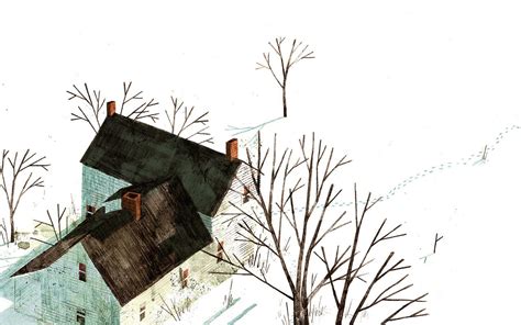 A Drawing Of A House In The Snow With Trees Around It And Birds Flying Overhead