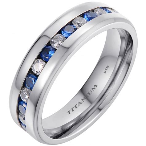 Mens Titanium Ring With Blue Sapphire Cz Wedding Engagement Band Ring