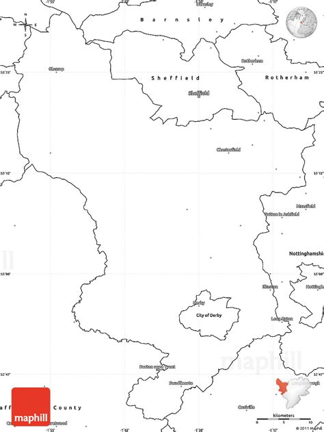 This detailed map of derbyshire shows the major cities of this english province, their surroundings and the main points of interest to the north is west yorkshire, and to the northeast is south yorkshire. Blank Simple Map of Derbyshire County