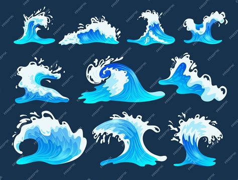 Free Vector Flat Set Of Sea Or Ocean Waves Isolated On Dark Blue