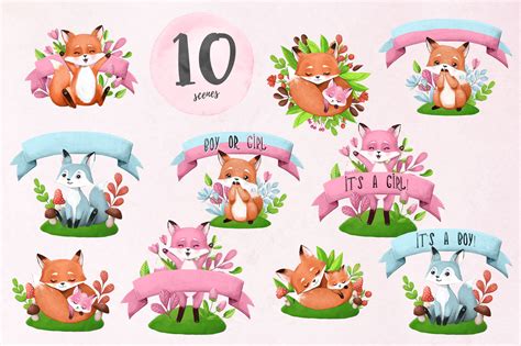 Free delivery worldwide on all orders over $100. CUTE FOX - baby shower set By DIGI Potwor | TheHungryJPEG.com