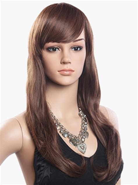 Brown Long Curly Full Wig With Side Swept Bangs