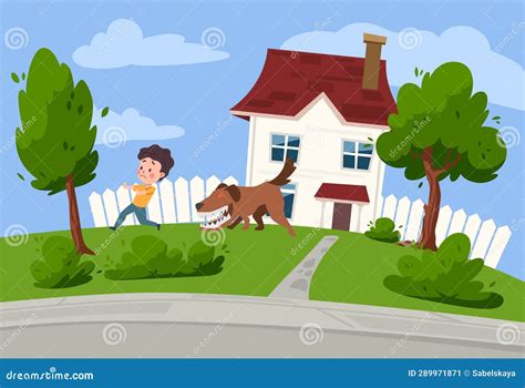 Vector Illustration Of Frightened Boy Runs From A Huge Bulldog With Red