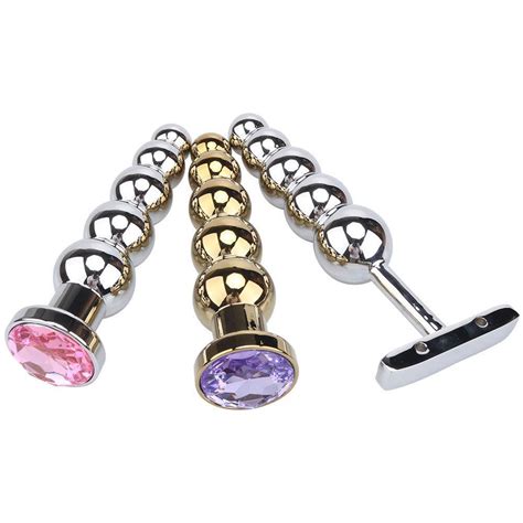 adult product silver gold color jeweled metal anal beads butt plug with five beads balls anal