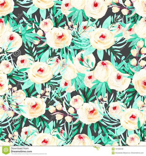 Seamless Floral Pattern With Watercolor Pink Roses And Mint Herbs Stock