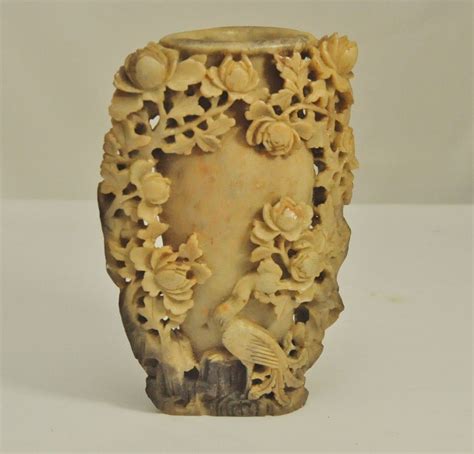 Large Vintage Chinese Carved Soapstone Brush Pot Vase