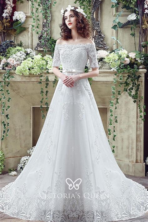 Short Sleeves Off Shoulder Lace Princess Wedding Dress Vq