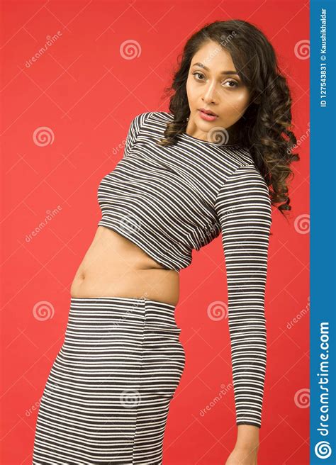 Beautiful Indian Female Model In White And Black Striped Skirt Stock Image Image Of Confident
