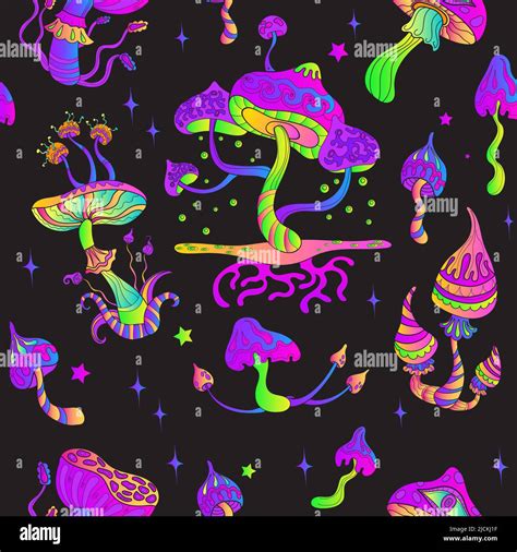 Psychedelic Mushroom Pattern Magic Neon Shroom Seamless Print Trippy