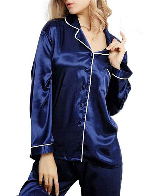 women ladies long sleeve silk 2pcs set satin thin pajamas suits summer sleepwear