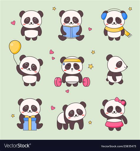 Cute Panda Kawaii Character Sticker Set Royalty Free Vector