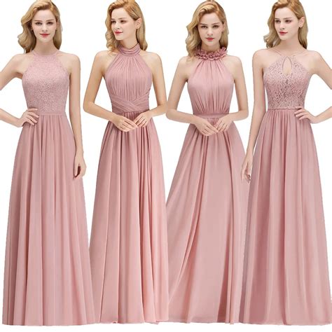 Dusty Pink Halter Bridesmaid Dresses Chiffon Country Beach Wedding Guest Party Gowns Cheap Lace