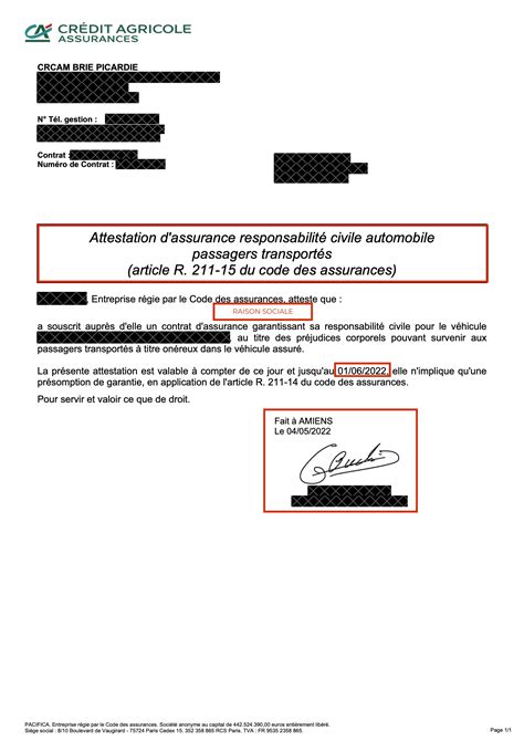 Attestation d assurance responsabilité civile automobile passagers transportés Provigis